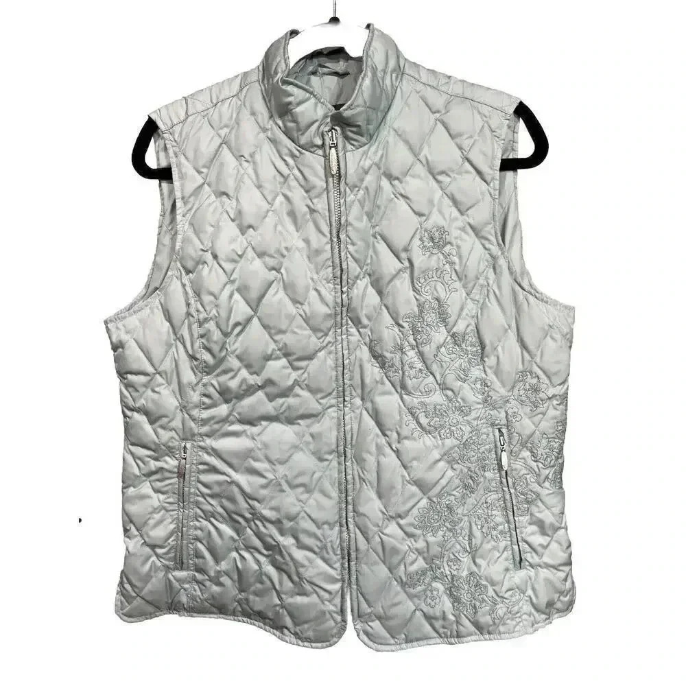 EDDIE BAUER PREMIUM GOOSE DOWN LT GRN QUILTED DOWN EMBROIDERED FLOWERS VEST SZ L